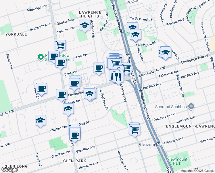 map of restaurants, bars, coffee shops, grocery stores, and more near 717 Lawrence Avenue West in Toronto