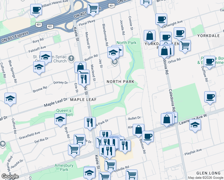 map of restaurants, bars, coffee shops, grocery stores, and more near 48 Cornelius Parkway in Toronto
