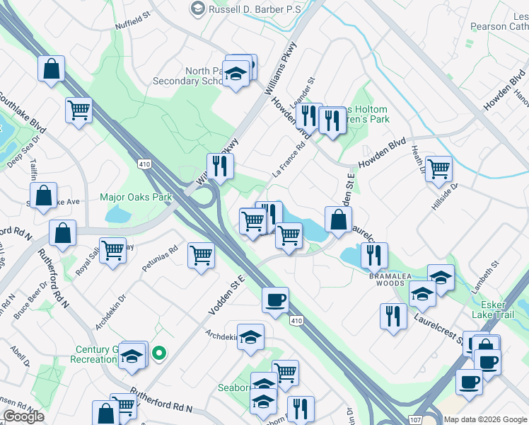 map of restaurants, bars, coffee shops, grocery stores, and more near 8 Lehar Court in Brampton