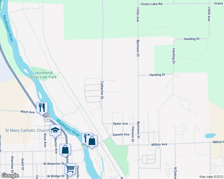 map of restaurants, bars, coffee shops, grocery stores, and more near 1300 Catherine Street in Big Rapids
