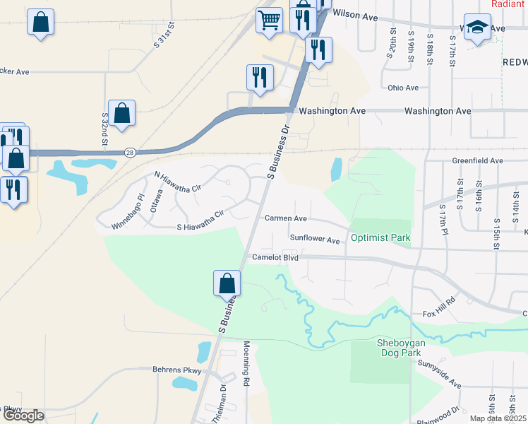 map of restaurants, bars, coffee shops, grocery stores, and more near 2513 Carmen Avenue in Sheboygan