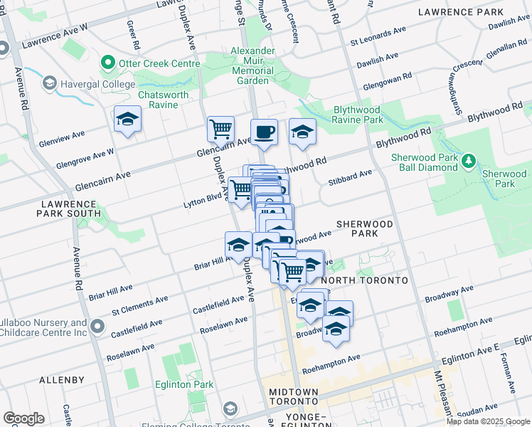 map of restaurants, bars, coffee shops, grocery stores, and more near in Toronto