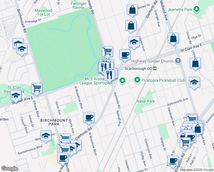 map of restaurants, bars, coffee shops, grocery stores, and more near 17 Hubert Avenue in Toronto