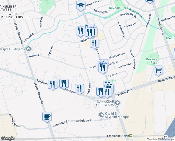map of restaurants, bars, coffee shops, grocery stores, and more near 13 Racine Road in Toronto