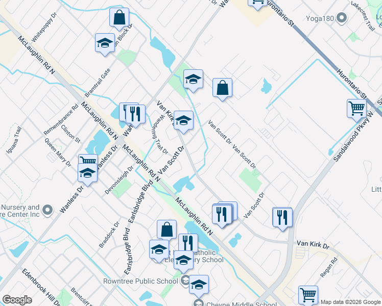 map of restaurants, bars, coffee shops, grocery stores, and more near 120 Viceroy Crescent in Brampton