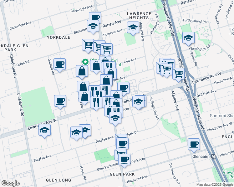 map of restaurants, bars, coffee shops, grocery stores, and more near 830 Lawrence Avenue West in Toronto