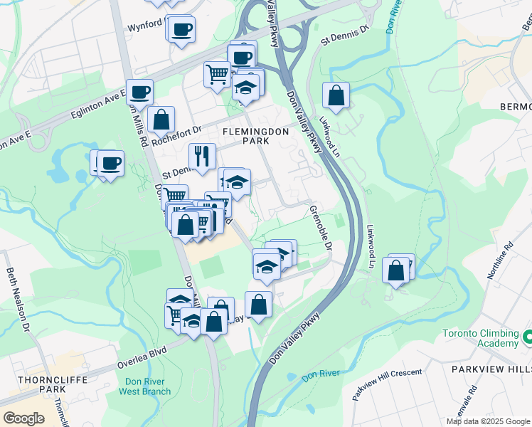 map of restaurants, bars, coffee shops, grocery stores, and more near 5 Dufresne Court in Toronto