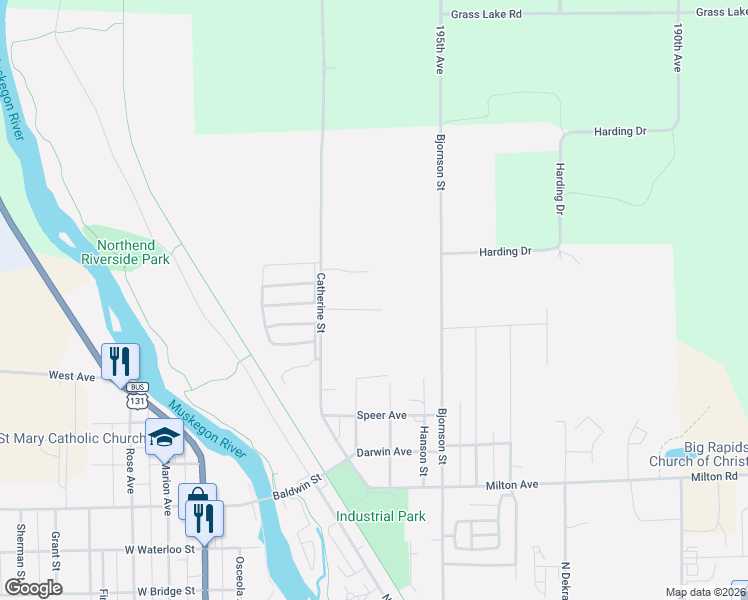 map of restaurants, bars, coffee shops, grocery stores, and more near 1300 Catherine Street in Big Rapids