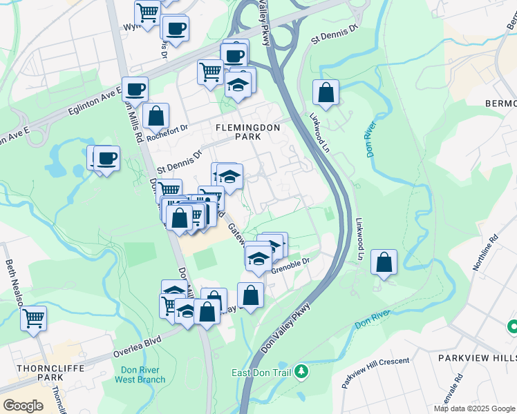 map of restaurants, bars, coffee shops, grocery stores, and more near 5 Dufresne Court in Toronto