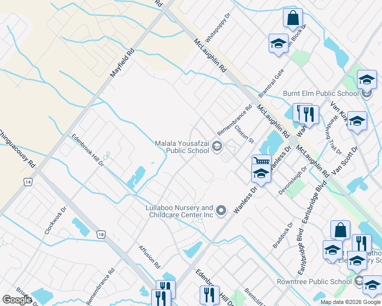 map of restaurants, bars, coffee shops, grocery stores, and more near in Brampton