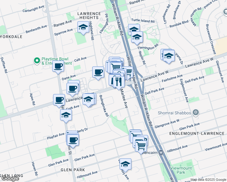map of restaurants, bars, coffee shops, grocery stores, and more near in Toronto
