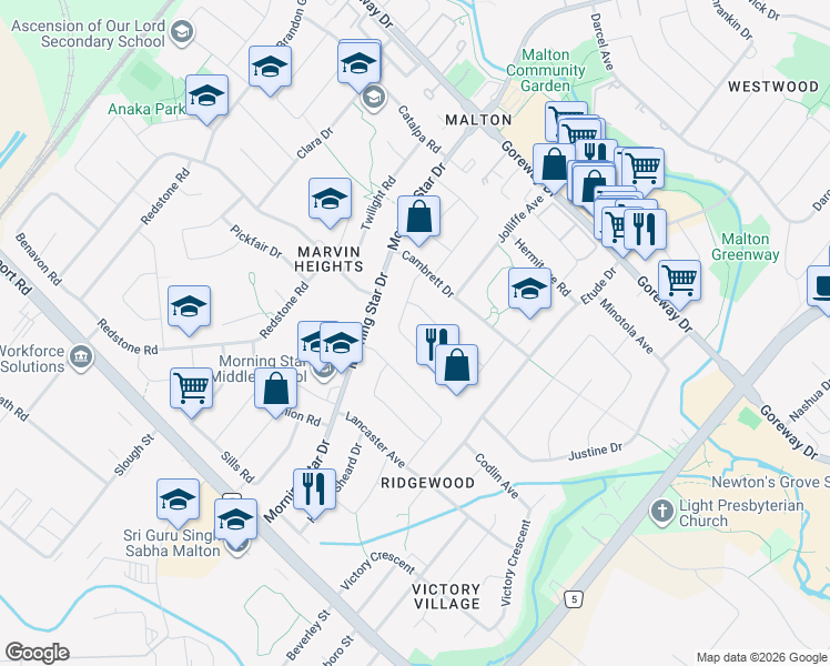 map of restaurants, bars, coffee shops, grocery stores, and more near in Mississauga