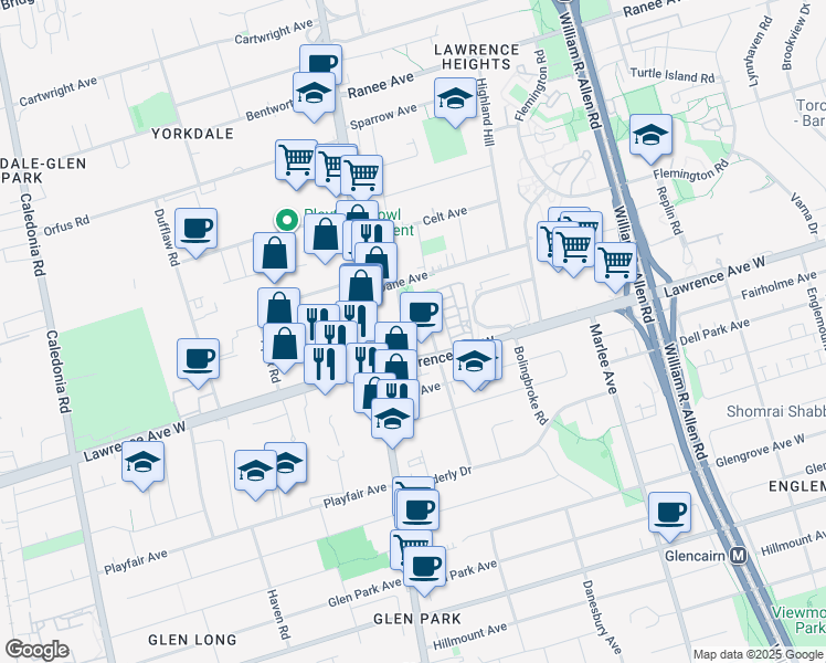 map of restaurants, bars, coffee shops, grocery stores, and more near 812 Lawrence Avenue West in Toronto