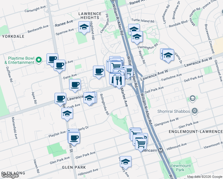 map of restaurants, bars, coffee shops, grocery stores, and more near 713 Lawrence Avenue West in Toronto