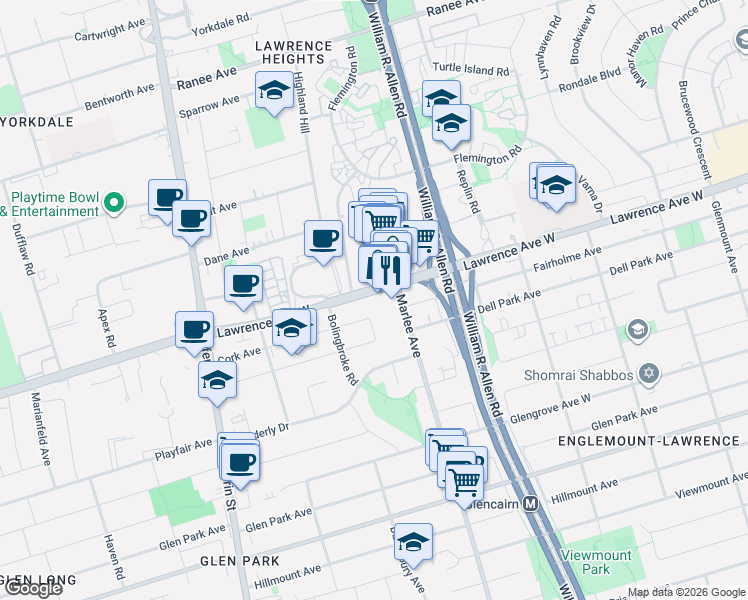map of restaurants, bars, coffee shops, grocery stores, and more near 713 Lawrence Avenue West in Toronto