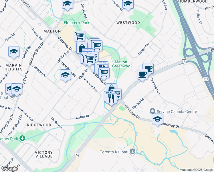 map of restaurants, bars, coffee shops, grocery stores, and more near Goreway Dr & Dorcas St in Mississauga
