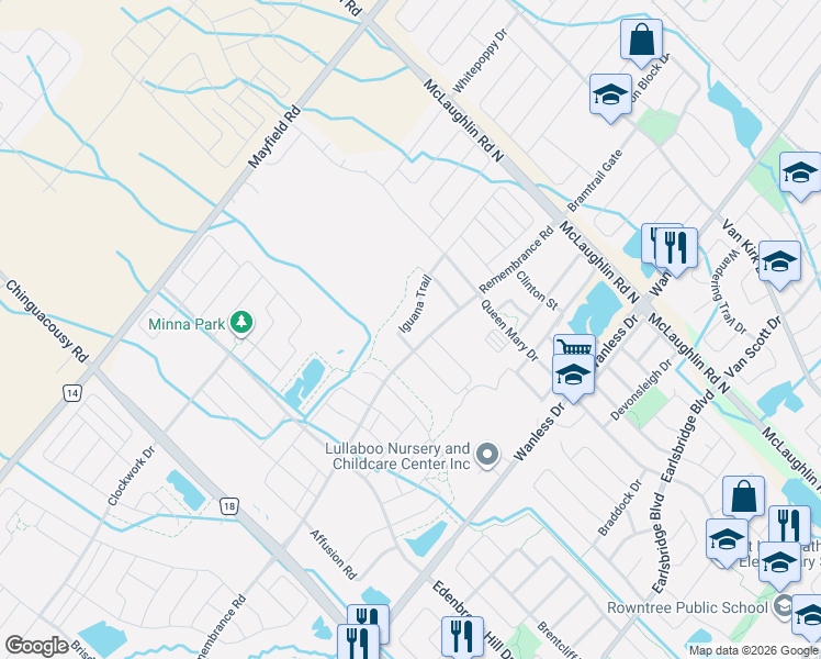 map of restaurants, bars, coffee shops, grocery stores, and more near 7 Iguana Trail in Brampton