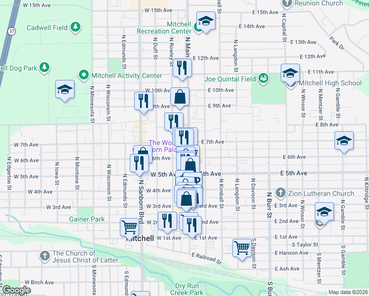 map of restaurants, bars, coffee shops, grocery stores, and more near 121 West 6th Avenue in Mitchell