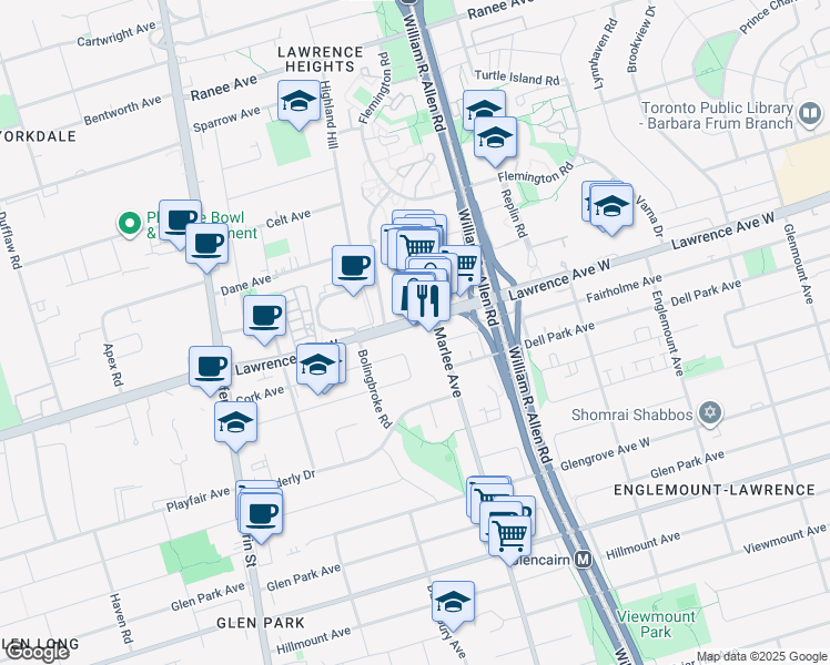 map of restaurants, bars, coffee shops, grocery stores, and more near in Toronto