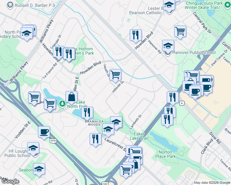 map of restaurants, bars, coffee shops, grocery stores, and more near 60 Hillside Drive in Brampton