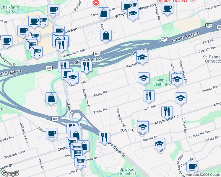 map of restaurants, bars, coffee shops, grocery stores, and more near 84 Raven Road in Toronto