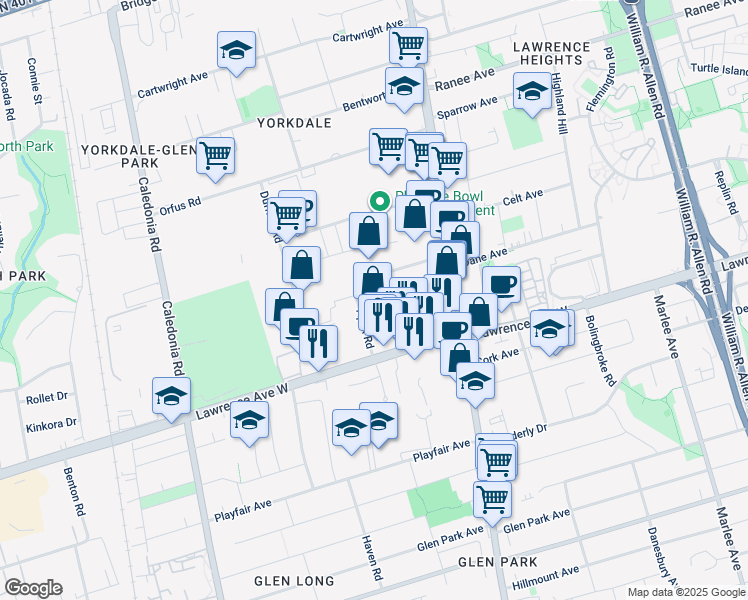 map of restaurants, bars, coffee shops, grocery stores, and more near in Toronto