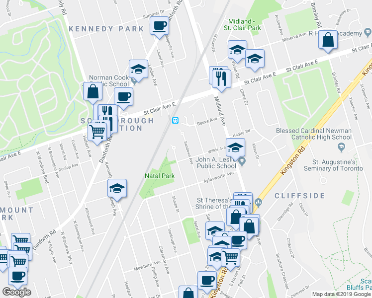 map of restaurants, bars, coffee shops, grocery stores, and more near 124 Sandown Avenue in Toronto