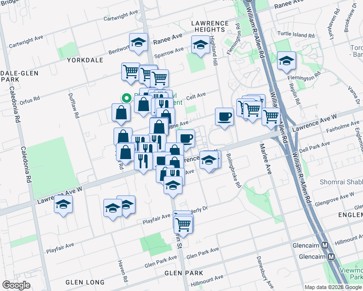 map of restaurants, bars, coffee shops, grocery stores, and more near 36 Via Bagnato in Toronto