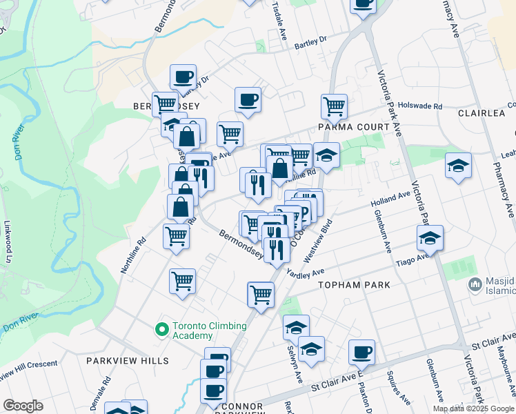 map of restaurants, bars, coffee shops, grocery stores, and more near in Toronto