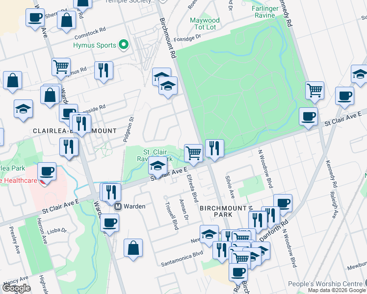 map of restaurants, bars, coffee shops, grocery stores, and more near 33 Anaconda Avenue in Toronto