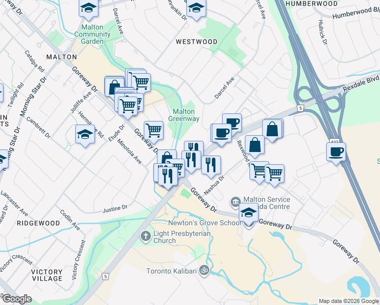 map of restaurants, bars, coffee shops, grocery stores, and more near 3510 Derry Road East in Mississauga