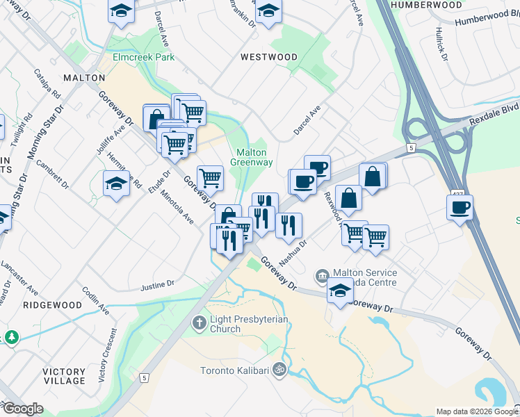 map of restaurants, bars, coffee shops, grocery stores, and more near in Mississauga