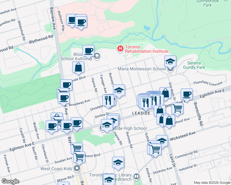 map of restaurants, bars, coffee shops, grocery stores, and more near 498 Broadway Avenue in Toronto