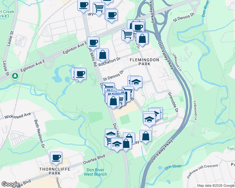 map of restaurants, bars, coffee shops, grocery stores, and more near 200 Gateway Boulevard in Toronto