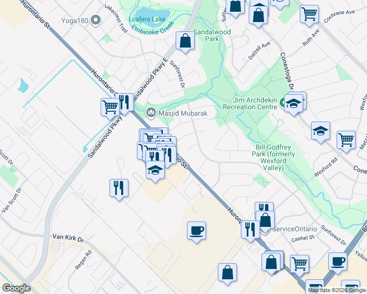 map of restaurants, bars, coffee shops, grocery stores, and more near 22 Helios Place in Brampton