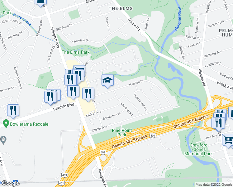 map of restaurants, bars, coffee shops, grocery stores, and more near 39 Chalfont Road in Toronto