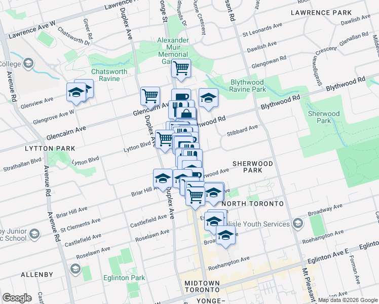 map of restaurants, bars, coffee shops, grocery stores, and more near 2633 Yonge Street in Toronto