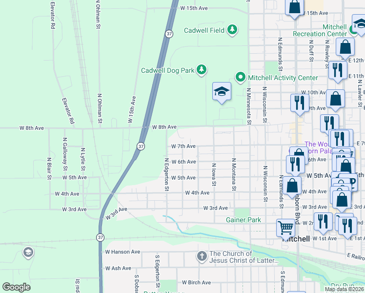map of restaurants, bars, coffee shops, grocery stores, and more near 699 North Juanita Street in Mitchell