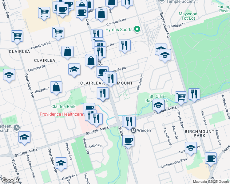map of restaurants, bars, coffee shops, grocery stores, and more near in Toronto
