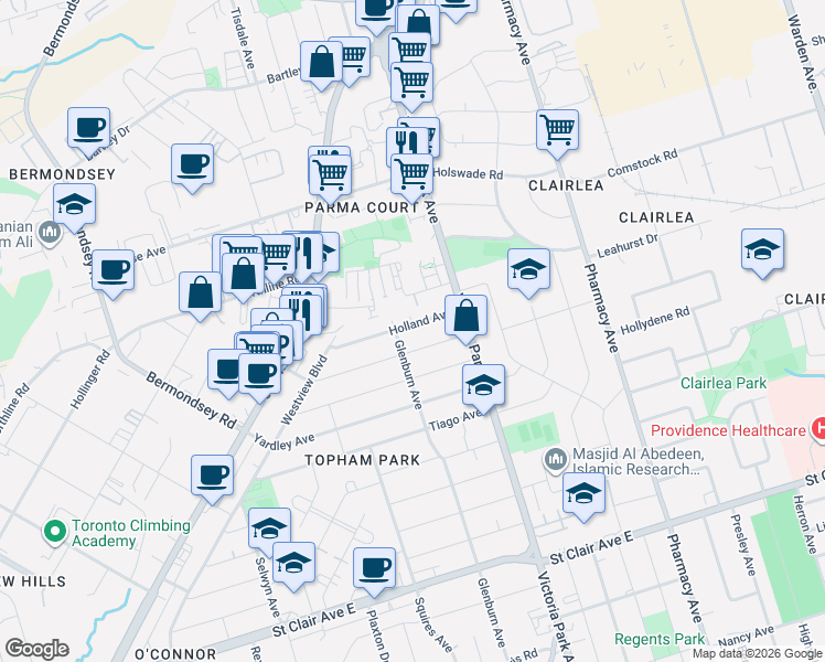 map of restaurants, bars, coffee shops, grocery stores, and more near in Toronto