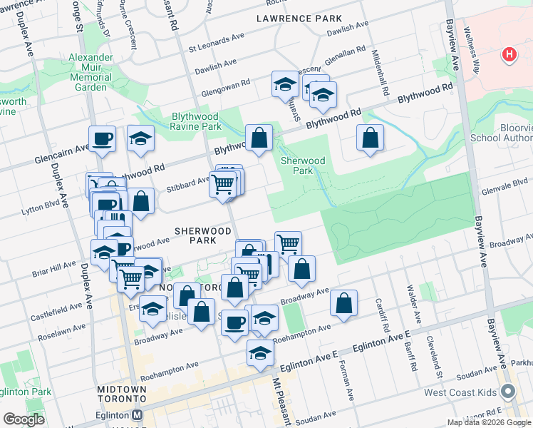 map of restaurants, bars, coffee shops, grocery stores, and more near 187 Sherwood Avenue in Toronto