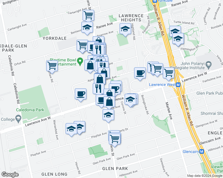 map of restaurants, bars, coffee shops, grocery stores, and more near 39 Dane Avenue in Toronto