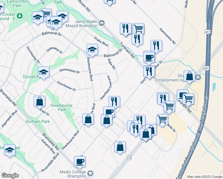 map of restaurants, bars, coffee shops, grocery stores, and more near in Brampton