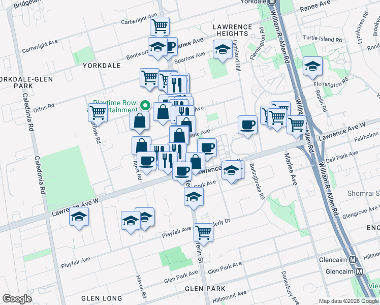 map of restaurants, bars, coffee shops, grocery stores, and more near 3091 Dufferin Street in Toronto