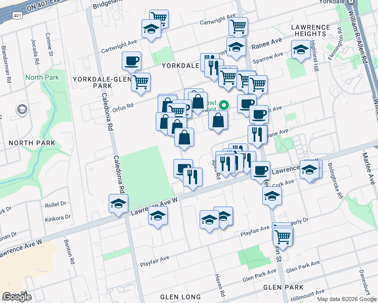 map of restaurants, bars, coffee shops, grocery stores, and more near 35 Dufflaw Road in Toronto