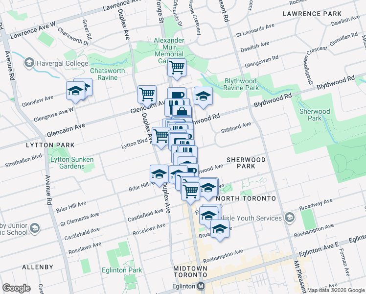 map of restaurants, bars, coffee shops, grocery stores, and more near 2633 Yonge Street in Toronto