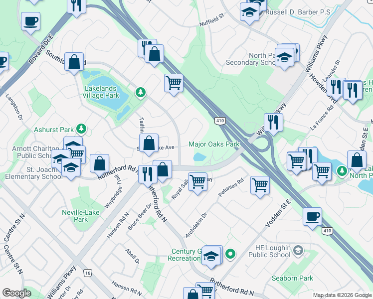 map of restaurants, bars, coffee shops, grocery stores, and more near 132 Calm Waters Crescent in Brampton