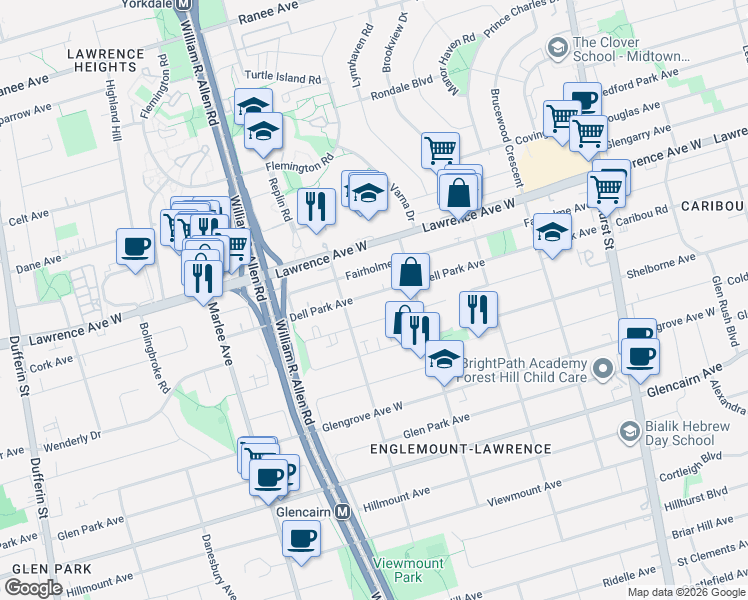 map of restaurants, bars, coffee shops, grocery stores, and more near in Toronto