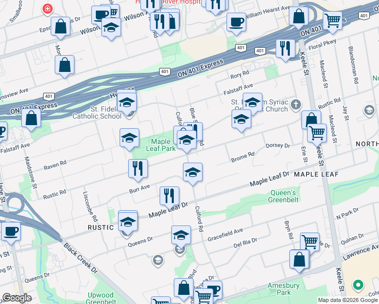 map of restaurants, bars, coffee shops, grocery stores, and more near 311 Culford Road in Toronto