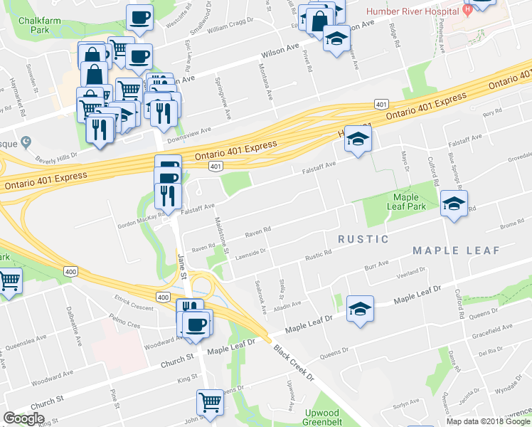map of restaurants, bars, coffee shops, grocery stores, and more near 65 Beckett Avenue in Toronto